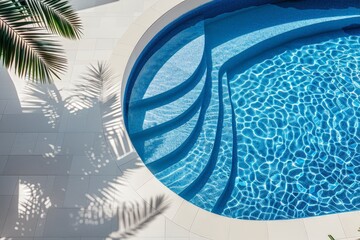 Poster - A tranquil swimming pool surrounded by lush greenery, with a majestic palm tree towering next to it under the clear blue sky