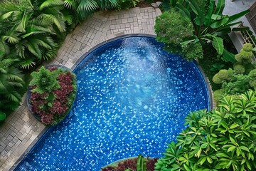 Poster - An aerial perspective of a serene swimming pool surrounded by vibrant greenery, offering a peaceful retreat in the midst of nature