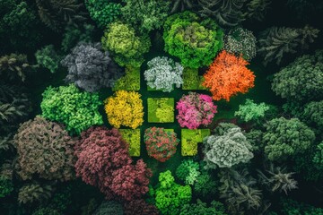 Aufkleber - A cluster of towering trees stand tall in the heart of a lush forest, their branches intertwined, creating a canopy of greenery that filters the sunlight above