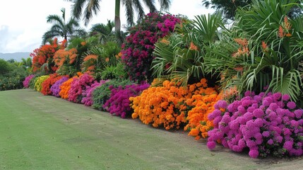 Canvas Print - A vibrant array of colorful flowers lines a path in a sunlit park, showcasing natures kaleidoscope of hues and beauty