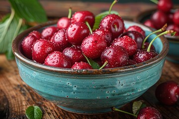 Wall Mural - Fresh cherry on plate on wooden dark background. fresh ripe cherries. sweet cherries