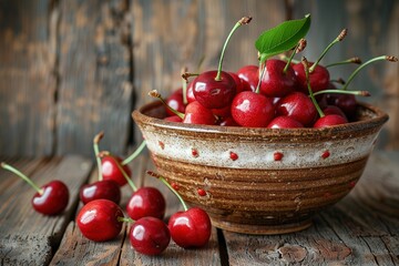 Wall Mural - Fresh cherry on plate on wooden dark background. fresh ripe cherries. sweet cherries