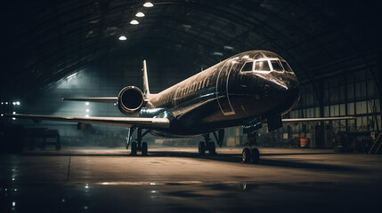 Wall Mural - a black private jet standing in a hangar at night