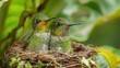 Adult Hummingbird With Two Chicks in the Nest, Green Violet-Ear, Costa Rica - Generative AI