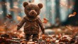 Tranquil embrace of the autumn forest, an antique teddy bear takes hesitant steps fallen leaves, its worn fur and tired eyes bearing witness to a lifetime of memories