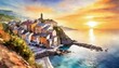  A quaint village perched on the edge of a cliff, with houses overlooking the sea as the sun
