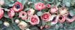 Floral arrangement banner. Pink and white Roses, ranunculus, anemones flowers with eucalyptus leaves