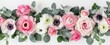Floral banner. Pink and white flowers with eucalyptus leaves. Roses, ranunculus, anemones