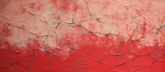 Poster - A closeup of a pink and magenta cracked wall with a unique wood pattern resembling a landscape painting in vibrant shades of peach and white