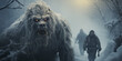 Yeti in the winter forest. Halloween concept. Abominable Snowman