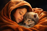 Fototapeta Perspektywa 3d - A peaceful painting of a girl and a dog snuggled together under a cozy blanket, creating a heartwarming scene of companionship. Generative AI