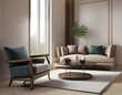 © hanifa - Modern living room mockup with sofa,armchair and luxury living room interior background.3d. Generative AI.