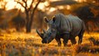 Black rhinoceros stand in grassy field, blending into natural landscape