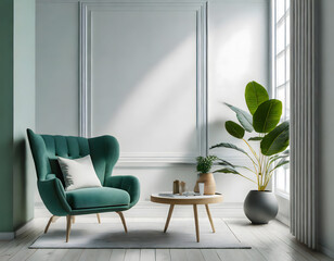 Wall Mural - Scandinavian living room with green armchair on empty white wall background.3D rendering. Generative AI.