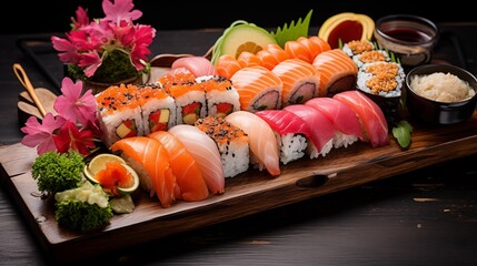 Wall Mural - Photo of a sushi platter featuring assorted sushi types on a wooden board, high-resolution image