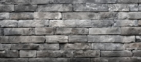 Wall Mural - A close up of a rectangular grey brick wall showcasing the intricate brickwork pattern. The monochrome photography highlights the composite material of the stone wall