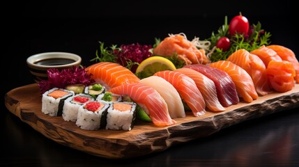 Wall Mural - Wooden board with various sushi types, high-resolution stock photo with pink and white color scheme, dark background