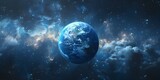Fototapeta Kosmos - Earth in a Futuristic Dystopian Space Setting: Digital Illustration with Stars. Concept Futuristic Dystopian Earth, Space Setting, Digital Illustration, Stars, Sci-fi Art