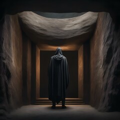Wall Mural - A mysterious figure standing at the entrance of a dark, foreboding cave1