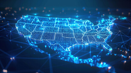Wall Mural - Digital map of USA, concept of North America global network and connectivity, data transfer and cyber technology, information exchange and telecommunication. Digital map for business.