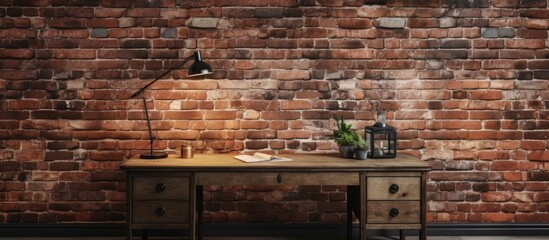 Wall Mural - A wooden desk with a lamp stands in front of a textured brick wall, creating a rustic feel. The hardwood flooring complements the brickwork