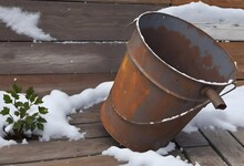 Rusty Iron Bucket On Ground In Garden. Garden Tools Farmer