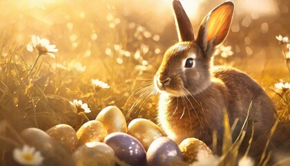 Wall Mural - easter bunny with easter eggs easter background illustration painting