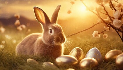 Wall Mural - most beautiful background for easter with bunny and easter eggs 4k ultra high good quality