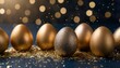 festive easter eggs with golden glitter on a dark blue background celebrating the holiday