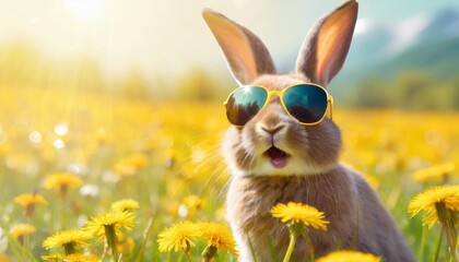 Wall Mural - easter rabbit with reflective sunglasses super cute and funny laughing sits in a yellow dandelion field easter background banner for marketing sales and social media illustration