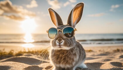 Wall Mural - grey hare in sunglasses on the beach in summer easter concept