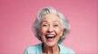 young caucasian elderly woman on plain bright pink background laughing hysterically looking at camera background banner template ad marketing concept from Generative AI