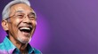 young indonesian elderly man on plain bright purple background laughing hysterically looking at camera background banner template ad marketing concept from Generative AI