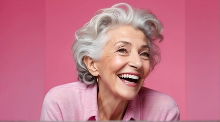 young italian elderly woman on plain bright pink background laughing hysterically looking at camera background banner template ad marketing concept from Generative AI