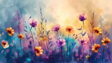 Fototapeta  - Digital watercolor wild flowers canvas abstract graphics poster web page PPT background with generative