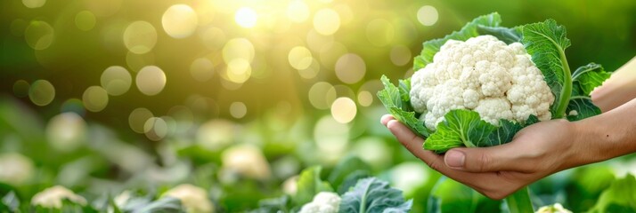 Hand holding fresh cauliflower on blurred background, ideal for vegetable selection with text space