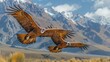 Two Accipitridae birds soar over a mountainous field in a natural environment