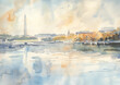 Washington DC skyline, watercolour painting, on white watercolor paper, traditional style illustration, featuring National Mall, Washington Monument