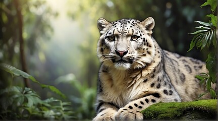 A Snow leopard in jungle forest background from Generative AI