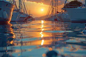 Wall Mural - Warm sunset over marina filled with luxury yachts, boats reflecting on water surface, serene seascape
