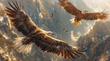 Fototapeta  - Two Accipitridae birds of prey, Eagles, soar over a mountain range in nature