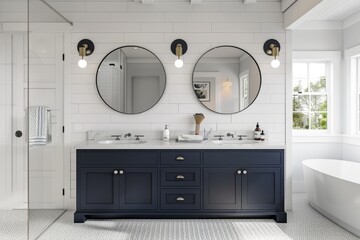 Wall Mural - Luxury home: Light-flooded bathroom with spacious dark blue vanity, two sinks, bathtub, circular mirrors, stylish closet.