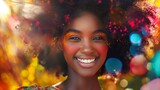 Fototapeta Tęcza - Vibrant Beauty, Portrait of a Stunning Black Woman with an Exuberant Hairstyle, Radiating Joy in a Colorful Fantasy Setting