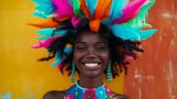 Fototapeta Tęcza - Vibrant Beauty, Portrait of a Stunning Black Woman with an Exuberant Hairstyle, Radiating Joy in a Colorful Fantasy Setting