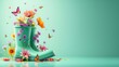 Mint green rubber boot full of colorful spring flowers with butterflies and bees on mint green background with copy space. Spring is here concept banner. 3D Rendering, 3D Illustration