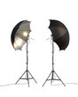 © POSMGUYS - Studio lighting equipment. Flash and umbrella. Camera flash head mounted on stand with umbrella light reflector in photography studio