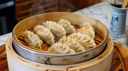 Wall Mural - A detailed view of a pot filled with food placed on a wooden table.