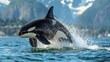 A killer whale breaches the water, showcasing its powerful fin