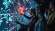 Group of network security professionals collaborating and strategizing in front of a large digital display showing a live threat map and data analytics The team is intently
