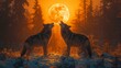 Two wolves howl under the full moon in the ecoregion